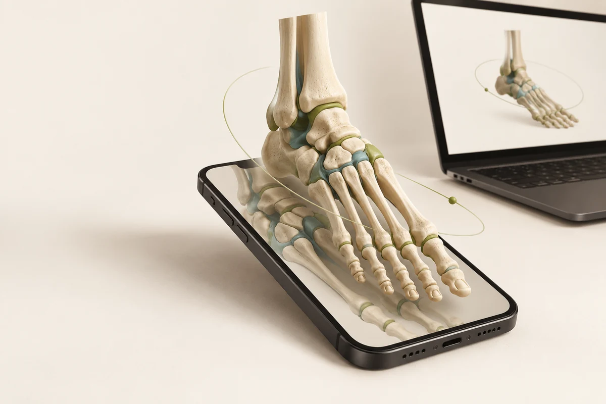 Imagem conceitual de um modelo anatômico 3D emergindo da tela de um celular, ao lado de um notebook.