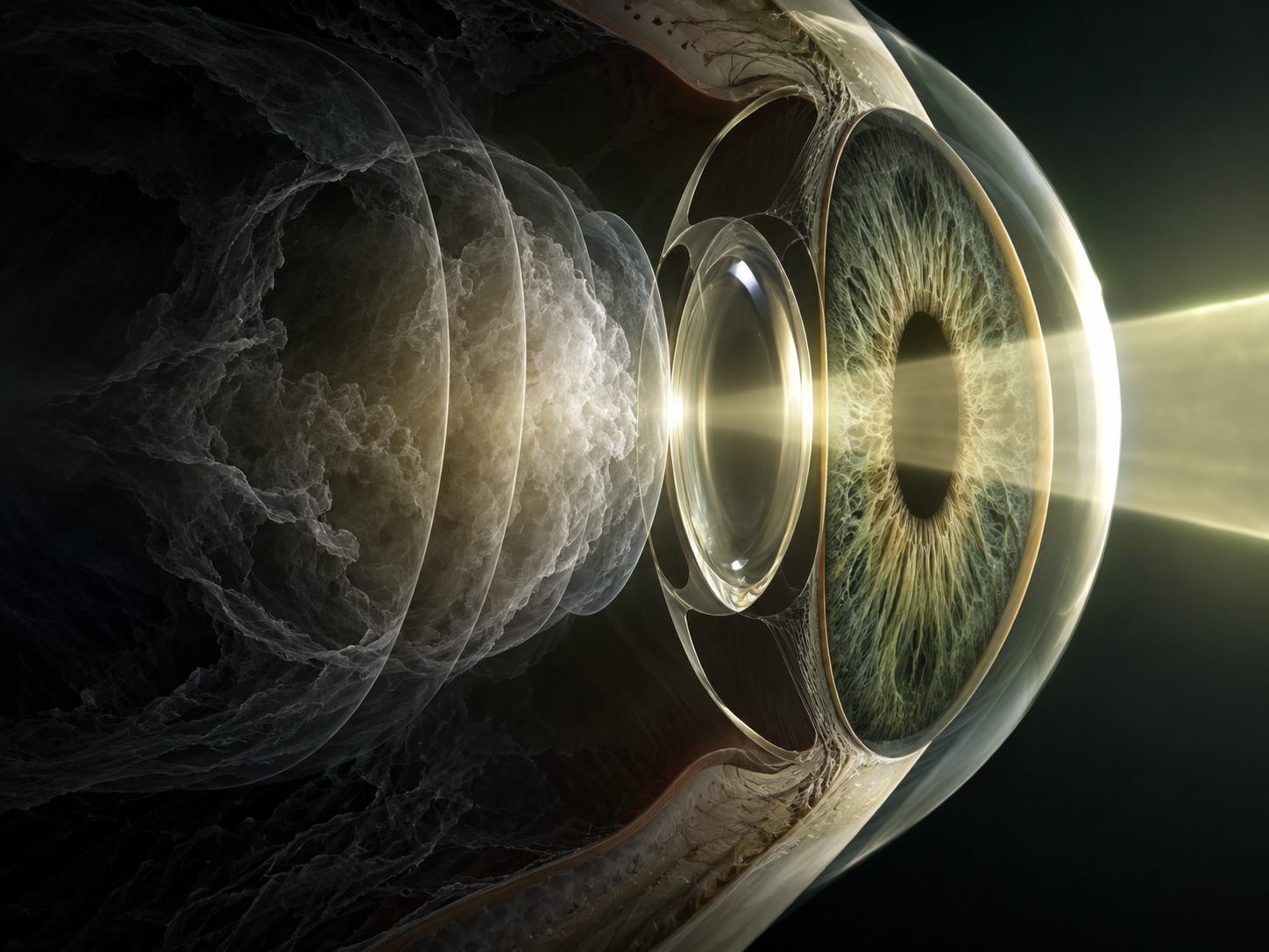 Ilustração conceitual de estruturas oculares atravessadas por luz, representando acesso à cirurgia de catarata